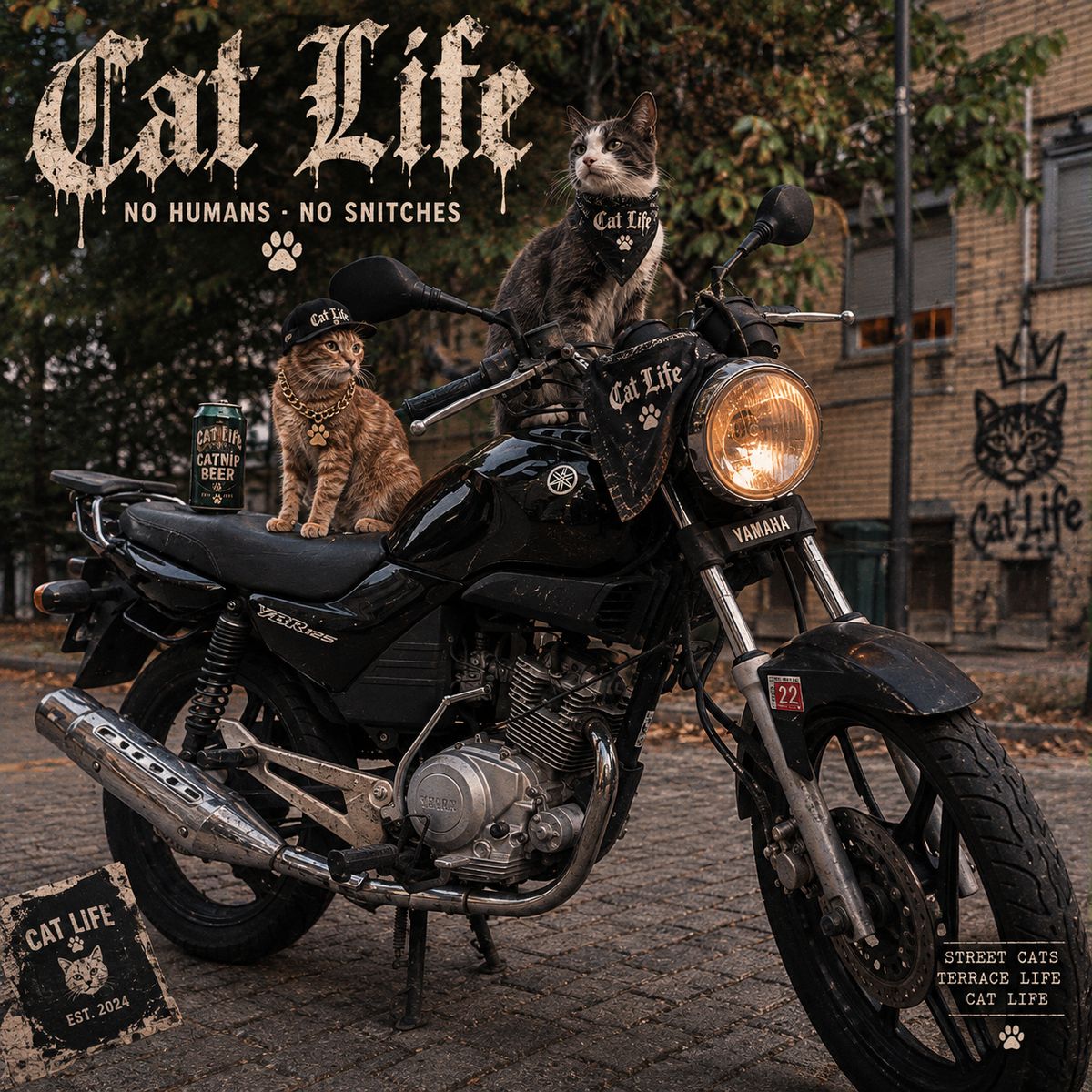 Nilo y Gato sobre una moto negra en la calle