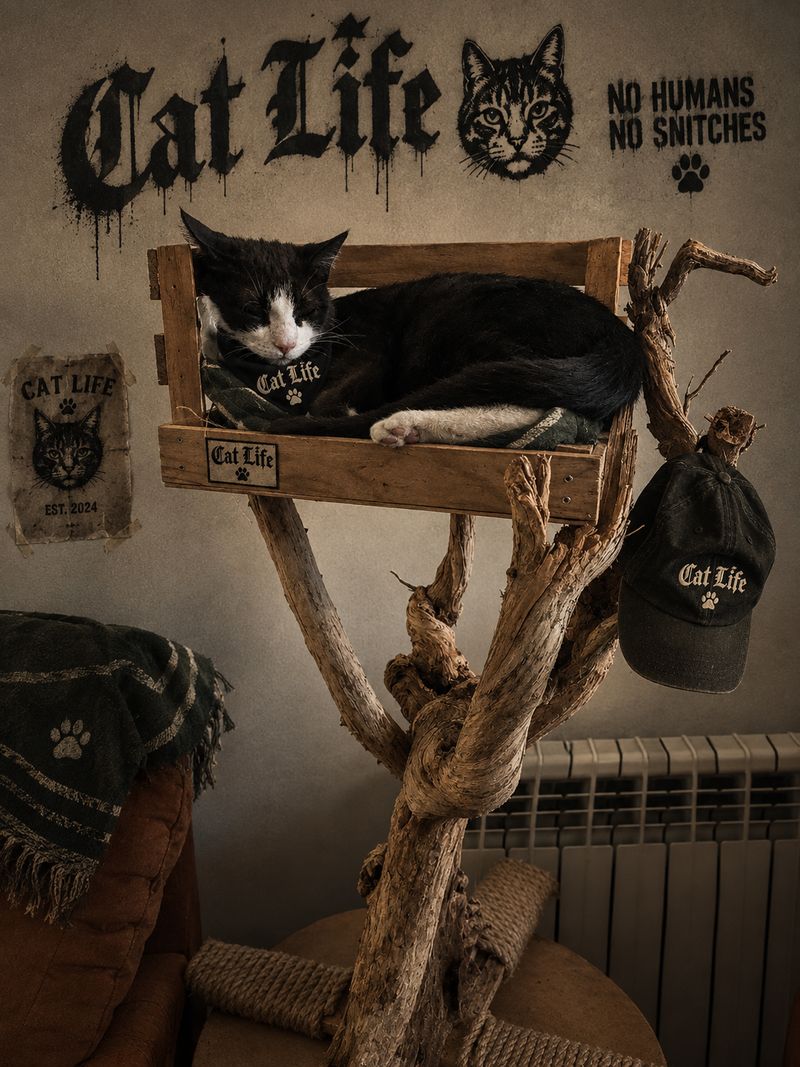 Nilo durmiendo en su caja de madera con bandana Cat Life