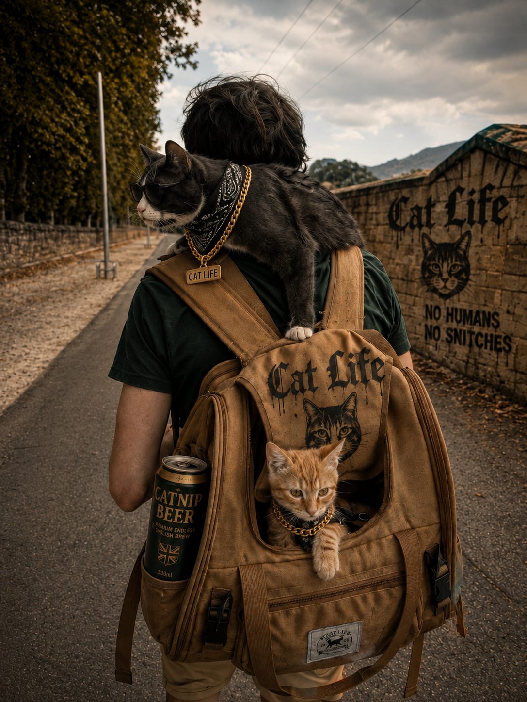 Arnaud walking away down a path with Nilo on his shoulder and Gato peeking out of a Cat Life backpack, next to a wall painted with Cat Life