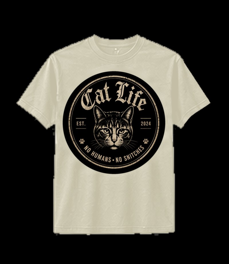 Camiseta hueso con el sello circular Cat Life en negro